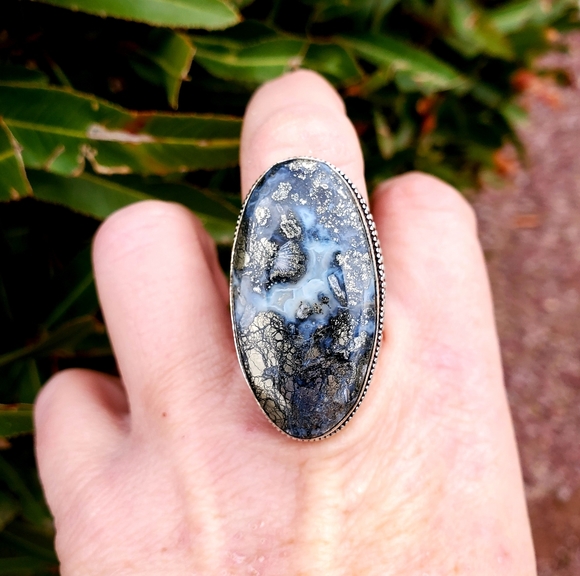 New Huge Pyrite Agate 925 Silver Statement Ring. - Picture 4 of 16